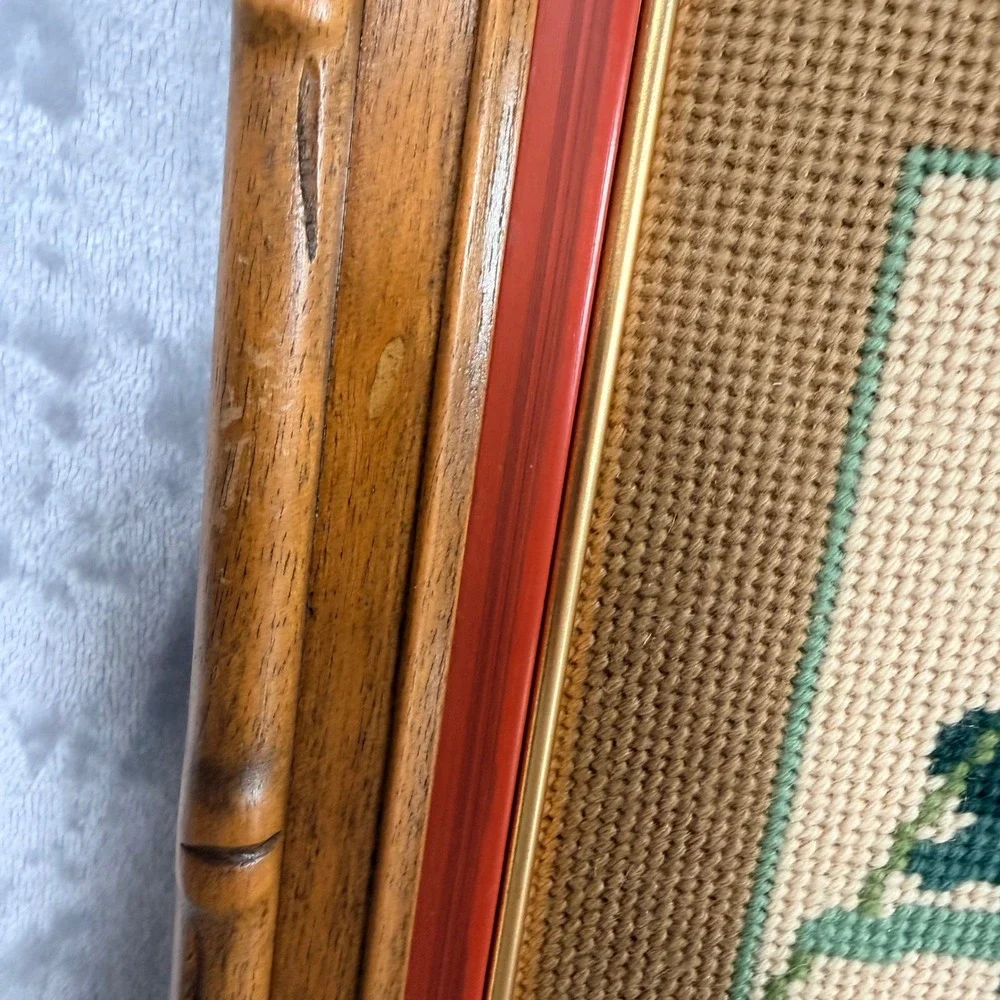 Vintage Set of 2 Chinoiserie Bird Needlepoint Framed Art Faux Bamboo Wood Frames